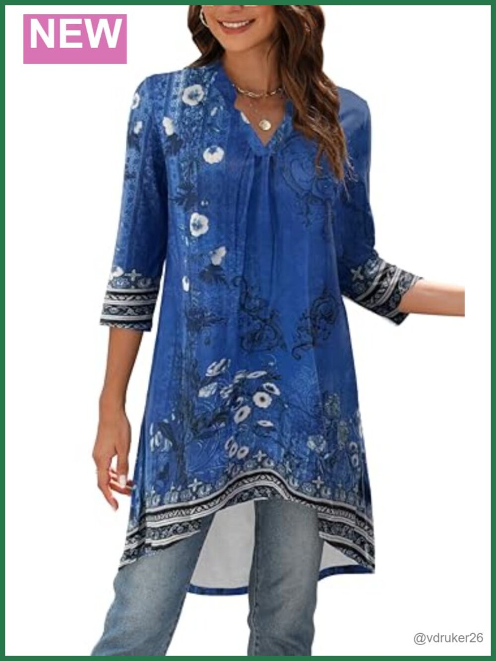 Women's Extra Long Tunic Top High Low V Neck 3/4 Sleeve Loose Fit Floral